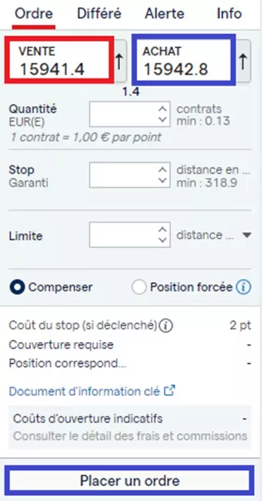 Cette image est une capture d'écran du ticket d'ordre sur la plateforme IG, qui indique où cliquer si vous voulez « être long » (acheter) ou « être court » (vendre).